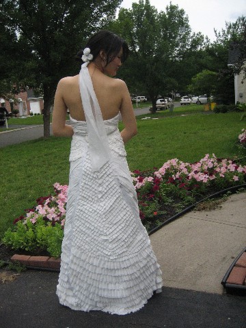 wedding gown and headpiece that you have constructed out of toilet paper